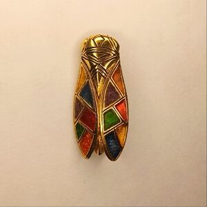 Vintage Rene Gouin Signed Multicolor Gold Tone Enamel Cicada Brooch Bug Pin 2”